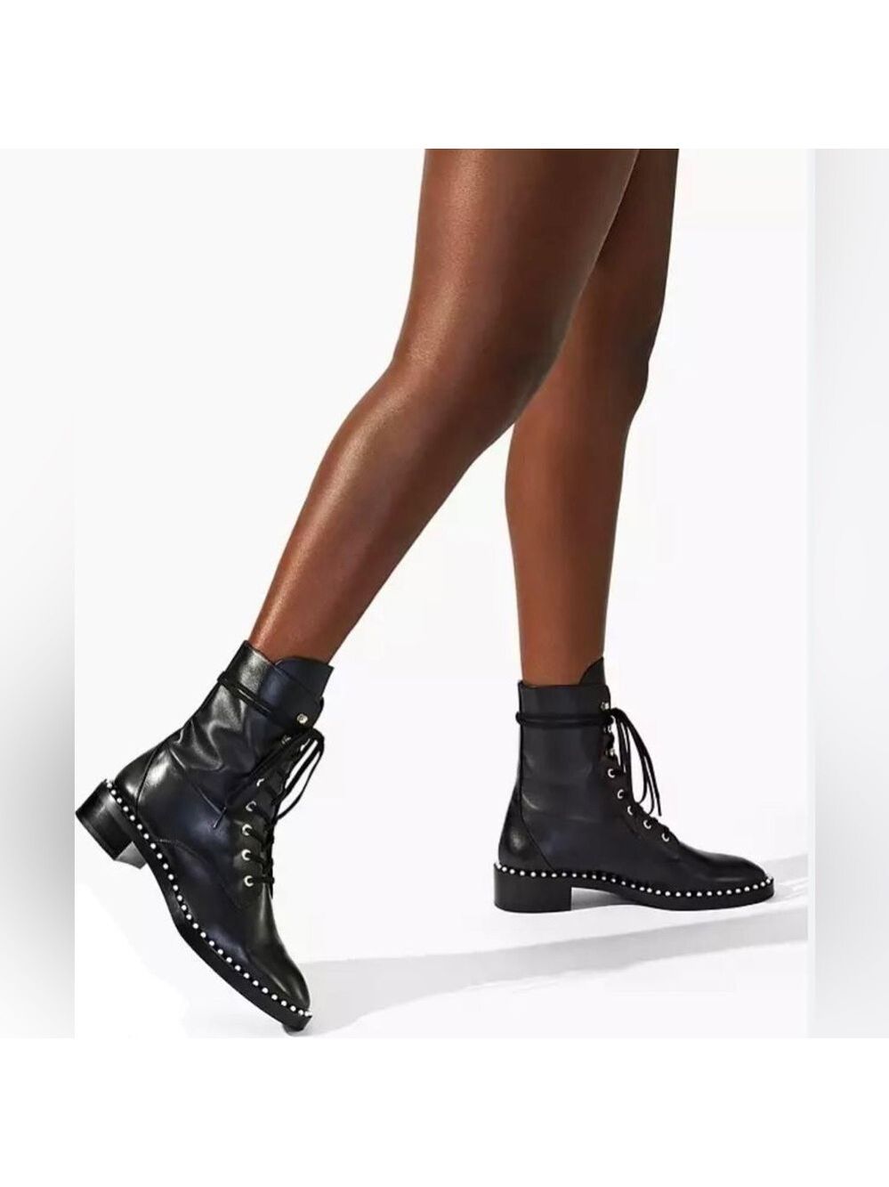 NIB Stuart Weitzman Sondra Leather Combat Pearl Embellished Booties